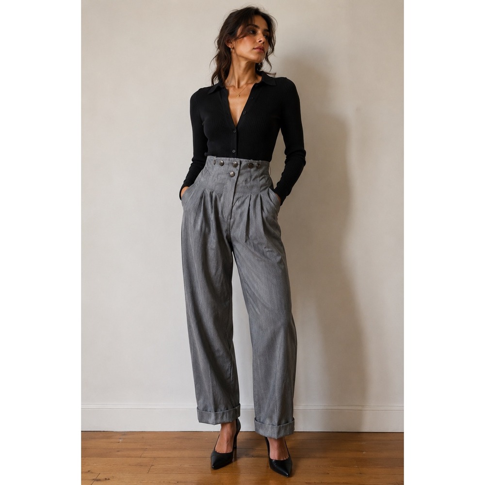 Vintage High Waist Sailor Trousers Pleated Tapered Gray Pinstripe Ego Club 3/4